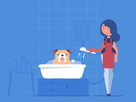 New party member! Tags: happy dog puppy bath shower wet clean bulldog unhappy wash grooming pup groom bathing bathe groomer Graphic Motion, Adobe Animate, Motion Art, Illustration Dog, Graphic Animation, Dog Shower, Character Animation, Animation Gif, Motion Animation