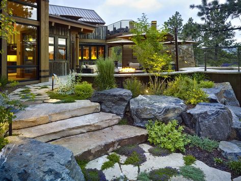 Creating an alpine getaway in your own backyard @LifescapeCo Colorado Landscaping, Gravel Landscaping, Small Water Features, Colorado Landscape, Rustic Luxe, Modern Mountain Home, Modern Rustic Homes, Rock Garden Landscaping, Mountain Modern