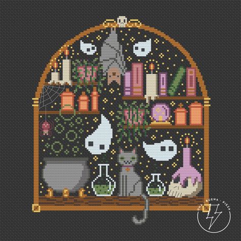 Witchy Desk, Gothic Shelf, Gothic Cross Stitch, Witch Cross Stitch, Modern Gothic, Gothic Cross, Halloween Cross Stitches, Cat Cross Stitch, Pixel Pattern