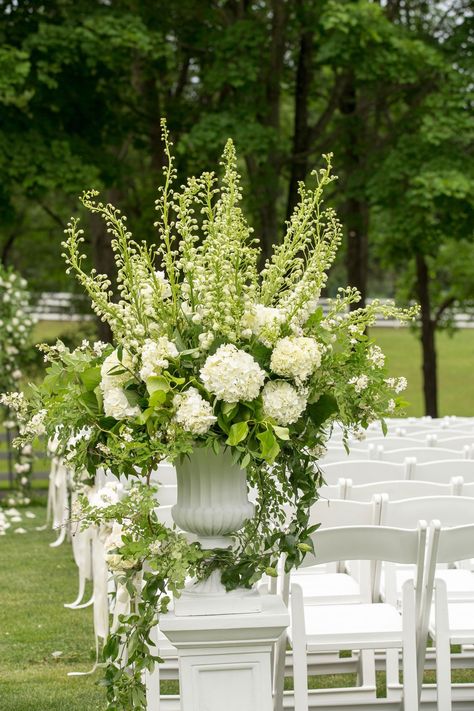 White & Greenery Arrangement on Aisle Potted Hydrangea Wedding, Tented Backyard Wedding, Green Hydrangea Wedding, Tall Arrangements, White Ceremony, Large Arrangement, Urn Arrangements, White Urn, Hydrangea Bouquet Wedding