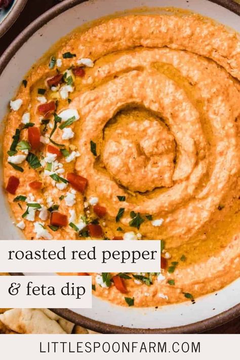 This creamy roasted red pepper and feta dip is made with roasted red bell peppers, feta cheese, garlic, lemon juice, red pepper flakes, and olive oil. It's an easy appetizer to make for parties. Roasted Red Pepper Ideas, Roasted Feta Dip, Bell Pepper Dip Recipes, Red Pepper Dip Cream Cheese, Roasted Pepper Feta Dip, What To Do With Red Bell Peppers, Spicy Red Pepper Feta Dip, Feta Pepper Dip, Roasted Red Pepper And Feta Dip