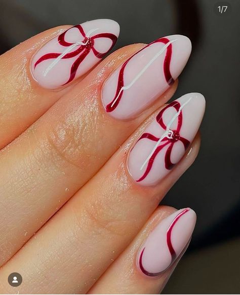 Gel X Christmas Nails Almond, Christmas Ribbon Nails Designs, Christmas Chrome French Nails, French Chrome Christmas Nails, Red Christmas Nails Chrome, Sparkly Bow Nails, Cherry Red Nails With Bow, Bow Nail Tutorial, Bow Red Nails