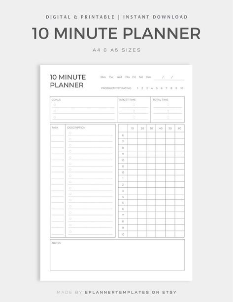 10 Minute Planner, Pomodoro Tracker, Digital/Printable, Organisation, Study, Work, A4/A5 | Printable Planner by  Mary Joyce 10 Minute Study Planner, 10 Minute Planner, Pomodoro Time, Pomodoro Planner, Ideas Apuntes, Daily Routine Planner, Bullet Journel, Weekly Planner Free, Planner Setup