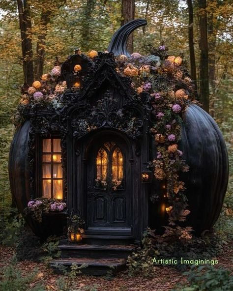 My Gothic home, the way we love it 💜🖤 | Facebook Goth Fairy Aesthetic, Gothic Cabin, Gothic Tiny House, Gothic Pumpkin, Magic Cottage, Gothic Homes, Gothic Cottage, Candy Photoshoot, Witch Signs