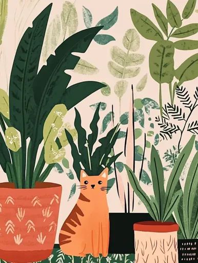 ↑↑↑ Larger size on website 🔸 A stylized illustration of a ginger cat sitting in front of a background of potted house plants. The Potted House Plants, Cat Pot, Plants Graphic, White Pots, Orange And White Cat, Stylized Illustration, Pale Pink Color, Ginger Cat, Ginger Cats