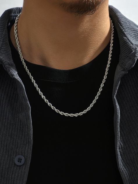 Silver  Collar  Copper   Embellished   Fashion Jewelry Mens Jewelry Aesthetic Silver, Silver Chain For Men Mens Fashion, Guy Accessories, Silver Necklace Mens, Men Nail, Guy Jewelry, Boyfriends Birthday Ideas, Mens Chains, Minimalist Chain