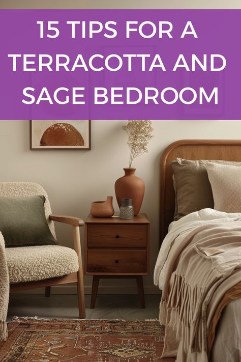 Make a stunning terracotta and sage bedroom using these decor tips. Sage Green And Rust Bedding, Rust And Sage Decor, Green And Terracotta Color Scheme Bedroom, Terracotta Sage Bedroom, Sage And Terracotta Bedroom, Green And Terracotta Bedroom, Hunter Green Bedrooms, Terracotta Bedroom, Tan Bedroom