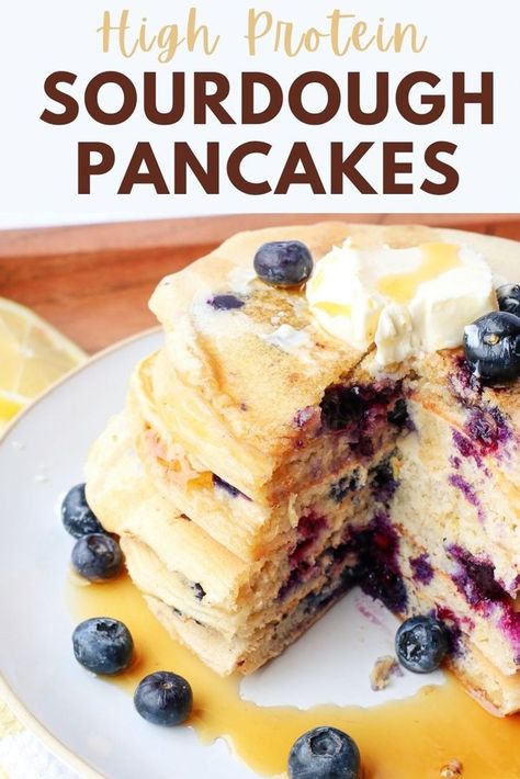 Whip up these easy and delicious lemon blueberry sourdough protein pancakes for a nutritious start to your day. With 10 grams of protein per pancake, thanks to greek yogurt and protein powder, these fluffy and moist pancakes are a great way to use sourdough discard. Perfect for a healthy and macro-friendly summer breakfast. Moist Pancakes, Lemon Blueberry Sourdough, Sourdough Starter Pancakes, Yogurt And Protein Powder, Blueberry Sourdough, Use Sourdough Discard, Sourdough Pancakes Recipe, Protein Powder Pancakes, Recipe Using Sourdough Starter