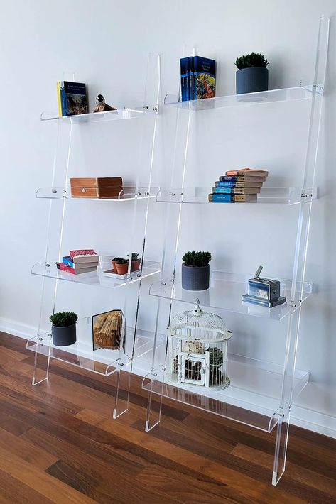 Leaning Wall Shelf, Acrylic Bookcase, Acrylic Bookshelf, Wall Bookshelf, Ladder Bookshelf, Apartment Goals, Display Unit, White Shelves, Wall Bookshelves