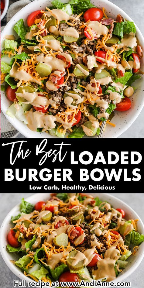 Healthy Red Meat Meals, Healthy Recipes Dinner Ground Beef, Hamburger Meat Salad Recipes, Salads Recipes For Dinner Ground Beef, Bacon Burger Bowl, Healthy Eating Hamburger Meat, Healthy Meals Hamburger Meat, Burger Bowl Dressing, Hamburger Clean Eating Recipes