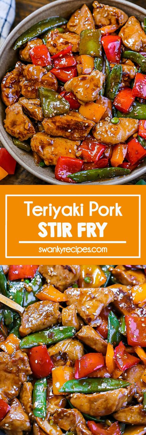 Teriyaki Pork Stir Fry - The BEST Asian stir fry with pieces of tender pork, bell peppers, and snow peas in a tasty teriyaki sauce. Asian Pork Dinner Recipes, Pork And Bell Pepper Recipe, Pork With Bell Peppers, Pork And Pepper Stir Fry, Teriyaki Pork Stir Fry Recipes Easy, Stir Fry Pork Tenderloin, Pork Tenderloin Pieces Recipes, Honey Garlic Pork Stir Fry, Pork And Snow Pea Stir Fry