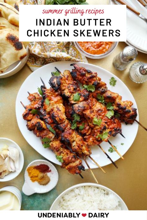 Grilled Indian Food, Indian Chicken Kabobs, Indian Chicken Skewers, Indian Grilled Chicken Recipes, Indian Skewers, Food Ideas Indian, Butter Chicken Skewers, Labor Day Food Ideas, Labor Day Food