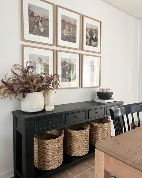 Baskets Under Buffet Table, Styling A Buffet In Living Room, Buffet Table Wall Decor, How To Style A Sideboard Dining Room, Photo Wall Dining Room, Buffet Table Ideas Decor Dining Rooms, Buffet Table Ideas Decor, How To Style A Sideboard, Sideboard Decor Dining Room