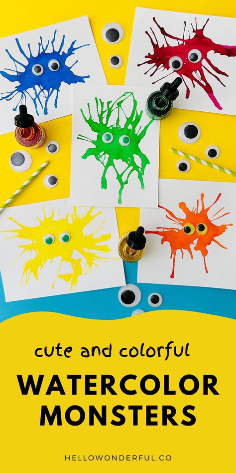 Watercolor Monsters. Halloween Craft art for kids. Monster Process Art Preschool, Monster Blow Painting, Watercolor Monster Art, Halloween Art For Preschoolers, Monster Art Preschool, Monster Crafts For Preschoolers, Halloween Art Activities For Toddlers, Preschool Monster Crafts, Halloween Process Art Preschool