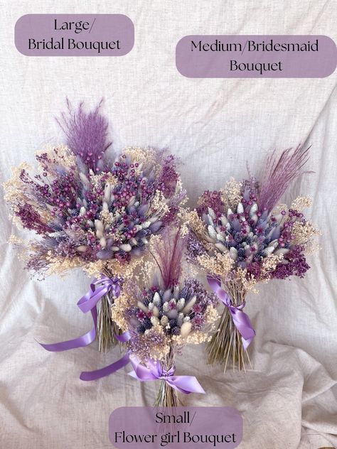 "\"Violet Blossom\" gives off all the cosy midsummer evening vibes! Complete with warm tones of purple and fluffy accents! This warm bouquet is full of various florals including Linum, Phalaris, Feather Grass, Hill Flowers, Gypsophila and Bunny Tails. AVAILABLE IN FOUR DIFFERENT STYLES & SIZES! - STANDARD BOUQUET (BEST FOR BRIDESMAIDS/SMALL BRIDAL) Approximate Size: 40cm tall x 20-24cm wide - STANDARD ARRANGEMENT (BEST FOR VASES) Approximate Size: 40cm tall - MINI BOUQUET (BEST FOR FLOWER GIRLS/ Purple Boho Wedding, Purple Boho Flower Arrangements, Bunny Tail Bouquet Wedding, Bohemian Wedding Bouquet Purple, Dried Flower Centerpiece Purple, Lavander Dried Flower Bouquet, Dried Flower Bouquet Purple, Lavender Centerpieces, Lavender Wedding Theme