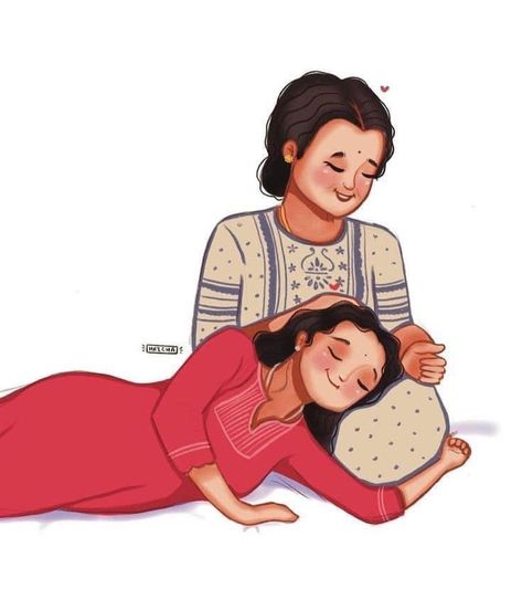 Mother And Daughter Drawing, Mom Drawing, Mother Daughter Art, Describe Feelings, Childhood Memories Art, Bengali Art, Indian Illustration, Illustration Art Girl, Mom Art