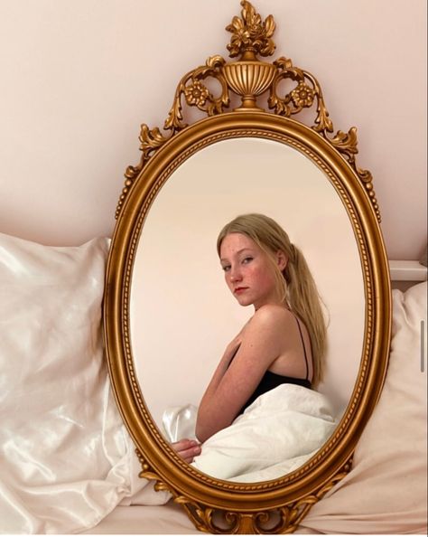 Beautiful gold mirror on silk, reflection of beautiful girl French Photoshoot, Coquette French, Mirror Antique, French Victorian, Aesthetic Beauty, Aesthetic Aesthetic, Antique Mirror, Gold Mirror, Gold Gold