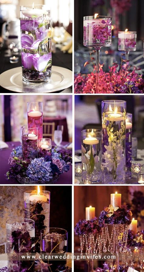 18 Stunning Wedding Reception Decoration Ideas To Inspire You – Clear Wedding Invites Diy Purple Wedding Decorations, Wedding Table Decor Purple, Rapunzel Wedding Theme Centerpieces, Purple Wedding Centerpieces Elegant, Floating Candle Wedding Centerpieces, Purple Centerpiece Wedding, September Wedding Decor, Purple Wedding Reception Tables, Purple And Gray Wedding Table Decor