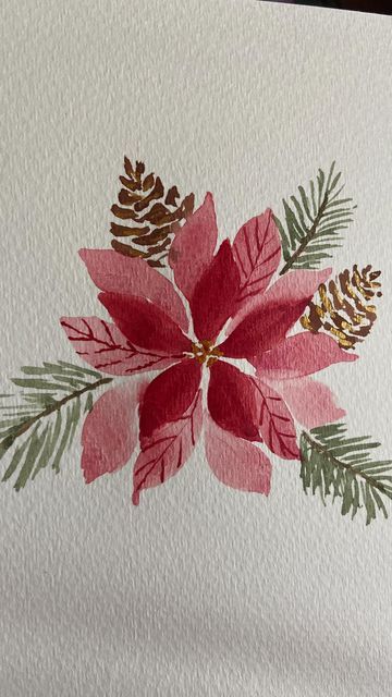 Easy Poinsettia Painting, Christmas Cards Painting Ideas, Poinsettias Drawing, Christmas Art Cards, Painting Inspo Christmas, Watercolor Poinsettia Christmas Cards, Watercolours Christmas Cards, Christmas Flowers Painting, Christmas Painting Ideas Watercolor