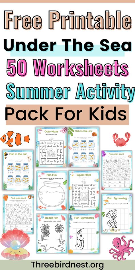 Under The Sea Worksheets Download- Free 50 Printable Pages -Free printable worksheets set for your kids on vacations, beach trips, or Summer. Make things creative and educational with these ' Under The Sea ' Worksheets. You can print them right from the post, no strings attached. There are 50 colorful worksheets, Enjoy! Free summer printables, free summer activities, summer worksheets, preschool activities, preschool printables, beach printables for kids, kid's printable activities, kid's crafts Under The Sea Worksheets, Beach Printables, Christmas Free Printables, Summer Vacation Activities, Free Summer Activities, Summer Preschool Activities, Under The Sea Crafts, Summer Worksheets, Printable Worksheets For Kids