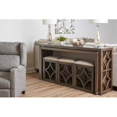 Red Barrel Studio® Gaeton 72'' Console Table and Stool Set | Wayfair Table Behind Couch, Sofa Bar, Narrow Sofa Table, Behind Couch, Backless Stools, Solid Wood Dining Set, Wayfair Furniture, Brown Sofa, Counter Height Dining Sets