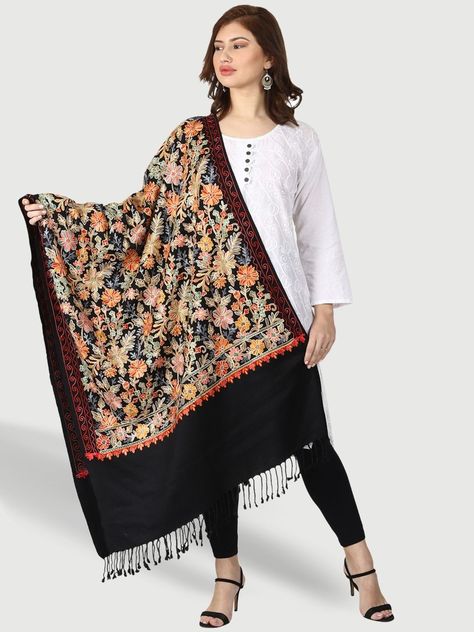 Black Indian Women, Wool Shawl Wrap, Pattern Scarf Silk, Embroidered Shawl, Women Cotton Dress, Kashmiri Shawls, Chic Scarves, Black Shawl, Aari Embroidery