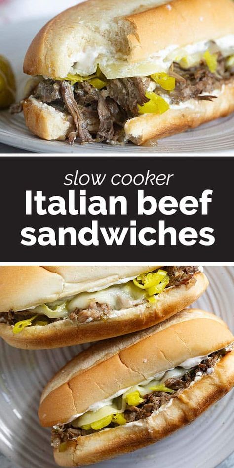 These Italian Beef Sandwiches are perfect for sandwich night! An easy, tender beef roast recipe is made in the slow cooker, then served on rolls with an easy Ranch Horseradish sauce. Hearty Sandwiches Dinners, Tender Beef Roast, Slow Cooker Italian Beef Sandwiches, Italian Beef Recipe, Sandwich Night, Italian Beef Recipes, Pickled Hot Peppers, Beef Crockpot, Slow Cooker Italian