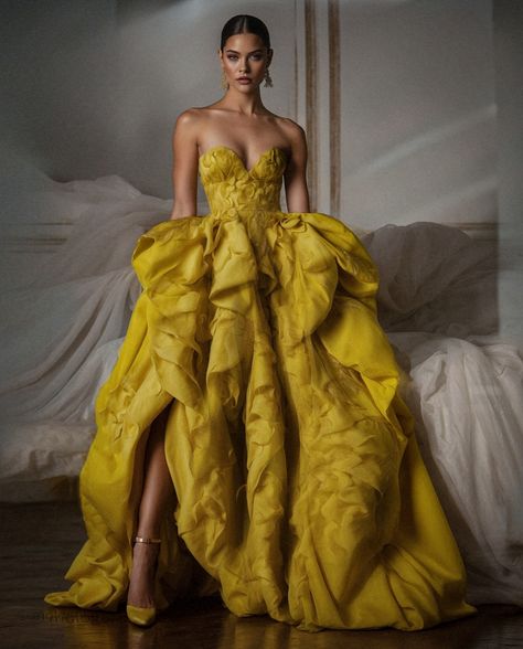 Yellow Ball Gown Dress, Yellow Tulle Gown, Yellow Gowns, Beauty And The Beast Wedding Theme, Alt Bride, Taffeta Gown, Wedding Gown Inspiration, Yellow Gown, Romantic Photoshoot