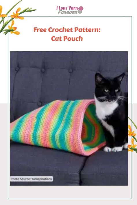 Free Crochet Pattern Cat Pouch Cat Sack Crochet, Crochet Cat Sack Free Pattern, Crochet Cat Tunnel Pattern Free, Crochet Cat Sack, Crochet Cat Hideaway, Cat Couch Sewing Pattern, Cat Cave Crochet Pattern Free, Crochet Cat Pod Free Pattern, Crochet Pet Toys