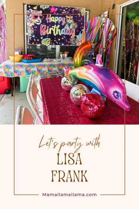 At Home Lisa Frank Birthday Party, Mamallamallama on the weekly Diy Lisa Frank Party, 90s Aesthetic Birthday Party, Lisa Frank Party Decorations, Lisa Frank Birthday Party Ideas, Girls 9th Birthday Party Themes, Lisa Frank Birthday Party Decorations, Lisa Frank Party Ideas, Lisa Frank Birthday, Fourever Wild