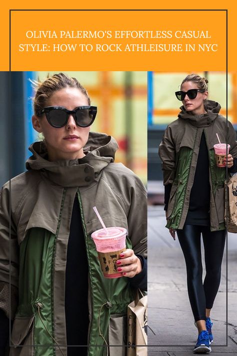 Olivia Palermo in an oversized olive jacket, black leggings, oversized sunglasses, and a chic messy bun, carrying a Foragers shopping bag and sipping a smoothie during a NYC stroll Pink Smoothie, Style Essentials, Nyc Street Style, Jacket Nike, Olive Green Jacket, Minimal Accessories, Celebrity Style Red Carpet, Moncler Jacket, Winter Layering