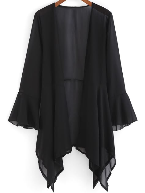 Black Bell Sleeve Loose Chiffon Coat 13.33 Chiffon Coat, Mode Kimono, Stylish Short Dresses, Iranian Women Fashion, Fashion Top Outfits, Trendy Dress Outfits, Dress Design Sketches, Women Coats, Fashion Attire