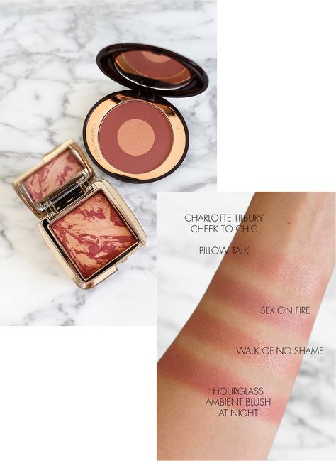 Charlotte Tilbury Cheek to Chic Walk of No Shame and Hourglass Blush At Night Charlotte Tillberry Blush, Hourglass Blush Swatch, Charlotte Tilbury Blush Swatches, Charlotte Tilbury Blush, Cheek To Chic Blush, Charlotte Tilbury Cheek To Chic, Hourglass Blush, Blushing Face, Charlotte Tilbury Makeup