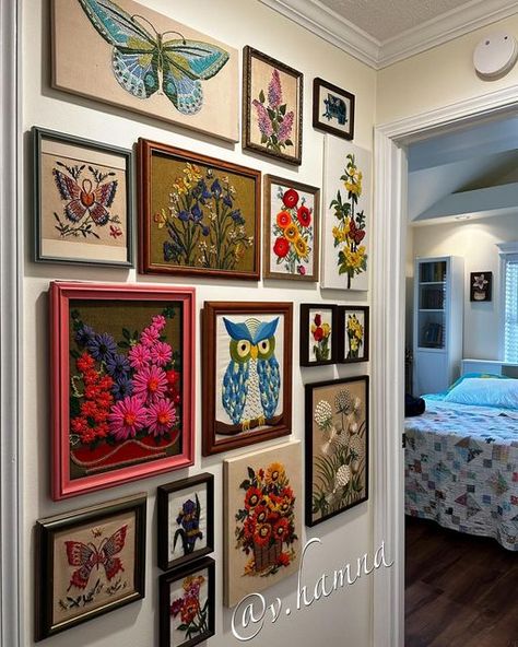 Colorful Vintage Gallery Wall, Flower Gallery Wall, Embroidery Gallery Wall, Crewel Wall, Funky Gallery Wall, Crewel Gallery Wall, Gallery Wall With Embroidery Hoop, Eclectic Art Wall, Vintage Floral Art Gallery Wall