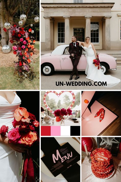 A graphic featuring a series of images of the different red and pink details at a modern wedding. There is a very cool one of a modern bride and groom leaning against a pink, vintage car. Retro Vegas Wedding, Red Black Wedding, Tattoo Station, Black Red Wedding, Heart Of Vegas, Punk Wedding, Punk Rock Style, Dozen Red Roses, Skull Light