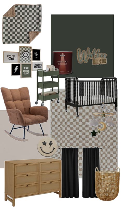 Dark green, black, checkered aesthetic nursery Checkered Nursery, Checkered Aesthetic, Green Nursery Boy, Aesthetic Nursery, Black Nursery, Luxe Bedroom, Baby Room Themes, Baby Boy Room Decor, Kids Bedroom Inspiration