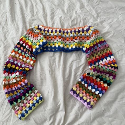 Multicoloured handmade crochet scrap sleeves, bright... - Depop Crochet Projects Multicolored Yarn, Crochet Market Ideas To Sell, Multicolor Yarn Crochet Projects, Wearable Crochet Projects, Acrylic Crochet Projects, Shruggie Crochet, Crochet Scrap Sweater, Crochet Color Combinations, Crochet Scrap Yarn Projects