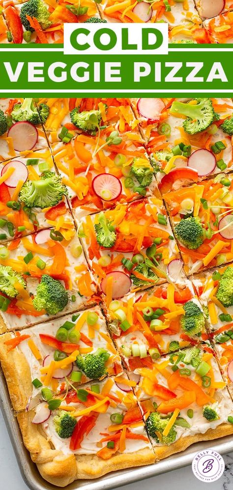 This Cold Veggie Pizza appetizer has a golden crescent roll crust covered with flavored cream cheese and fresh assorted crunchy vegetables. It’s so easy to make and loved by everyone. Great for potlucks, game day, baby showers, and any time! Pizza Appetizers Easy Crescent Rolls, Veggie Pizza Appetizer Crescent Rolls, Cold Pizza Appetizer, Vegetable Pizza Crescent Roll, Veggie Pizza With Cream Cheese, Cold Vegetable Pizza, Veggie Pizza Appetizer, Cold Veggie Pizza, Flavored Cream Cheese