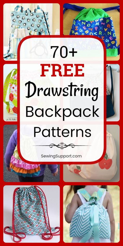 DIY Drawstring Backpacks. Over 70 free backpack sewing patterns, projects, and tutorials, easy enough for the beginner to sew. Great simple backpack for kids. #sewingsupport #sewingpatterns #sewingprojects #bagpatterns Patchwork Bags Patterns, Diy Drawstring Backpack, Drawstring Backpack Tutorial, Drawstring Backpack Pattern, Backpack Patterns, Backpack Pattern Sewing, Backpack Sewing, Bag Tutorials, Bags Patterns