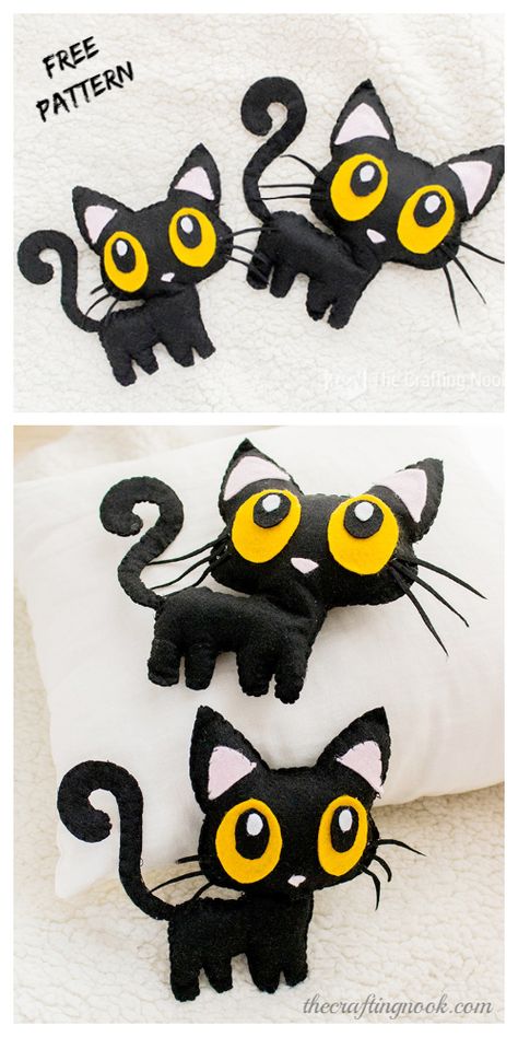 DIY Felt Halloween Black Cat Softie Free Sewing Pattern&Tutorial Free Halloween Felt Patterns, Halloween Felt Ornaments Patterns Free, Cats Diy Projects Craft Ideas, Felt Halloween Ornaments Free Patterns, Halloween Felt Crafts Free Pattern, Free Halloween Sewing Patterns, Halloween Sewing Projects Free Pattern, Halloween Felt Ornaments, Felt Crafts Halloween