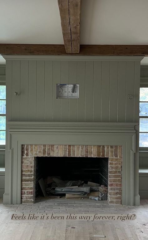 Green Room With Fireplace, 1920 Cottage Interior, Transitional Brick Fireplace, Large Fireplace Makeover, Cotswolds Fireplace, Tv Not Above Fireplace Living Rooms, Tounge And Groove Walls Living Rooms, Fireplace Molding Ideas, Panelled Fireplace Wall