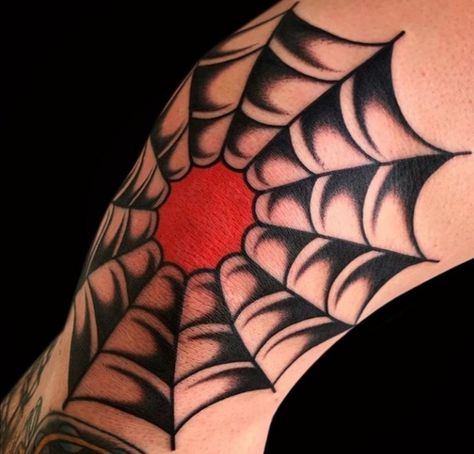 Traditional Spider Web Tattoo Knee, Elbow Web Tattoo, Old School Elbow Tattoo, Spiderweb Tattoo Traditional, Traditional Tattoo Elbow, Spider Web Tattoo Elbow, Superhero Tattoos, Ojo Tattoo, Spiderweb Tattoo