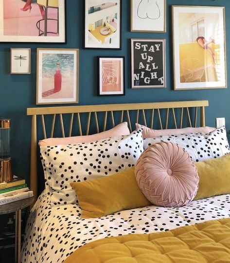 Blue Gallery Wall, Quirky Bedroom, Bedroom Wall Decor Above Bed, Bold Bedroom, Bedroom Decor For Small Rooms, Gallery Wall Bedroom, Bright Decor, Above Bed Decor, Above Bed