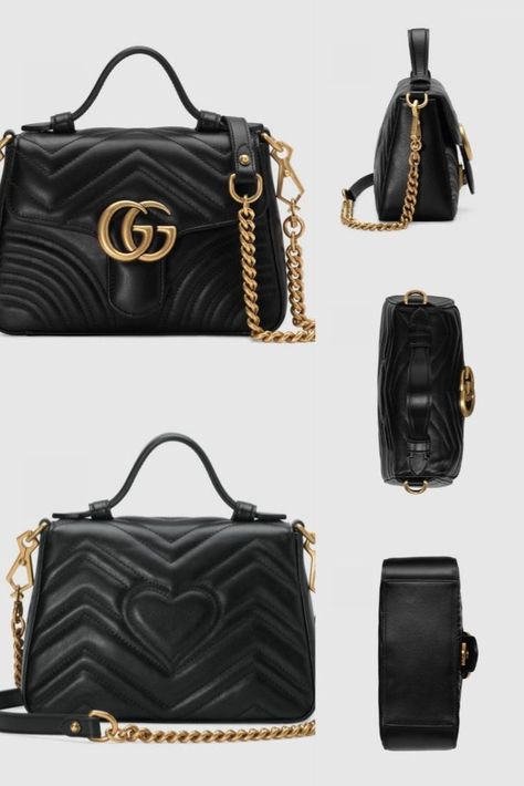 GG – GG Marmont Mini Top Handle Bag, Black, Leather. A new introduction to the GG Marmont line for Cruise 2019, the mini GG Marmont top handle bag has a softly structured shape and an oversized flap closure with Double G hardware. Equipped with a leather top handle and chain shoulder strap, made in matelassé chevron leather with a heart on the back. #handlebag #Gucci #MarmontLeather #Women Gg Marmont Mini Top Handle Bag, Mini Top Handle Bag, Gg Marmont Mini, Mini Top, Gg Marmont, Heart On, Handle Bag, Leather Top, Top Handle