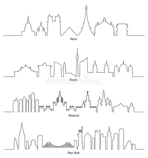 Ny Tattoo Ideas New York, New York Skyline Drawing, Moscow Drawing, Moscow Skyline, City Outline, Paris Drawing, New York Illustration, Skyline Tattoo, Berlin Skyline