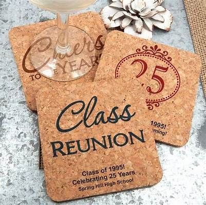 Class Reunion Custom Cork Coasters | Class reunion decorations, Reunion ... Highschool Reunion, School Reunion Decorations, Class Reunion Favors, 40th Reunion, Class Reunion Planning, 50th Class Reunion Ideas, School Anniversary, Reunion Favors, Reunion Centerpieces