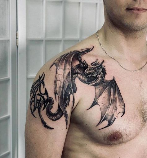 Dragon Over Shoulder Tattoo, Man Tattoo Ideas Arm, Dragon Tattoos For Men Shoulder, Dragon Shoulder Tattoo For Men, Dragon With Wings Tattoo, Shoulder Dragon Tattoo, Dragon Chest Tattoo, Dragon Shoulder Tattoo, Dragon Tattoo With Wings