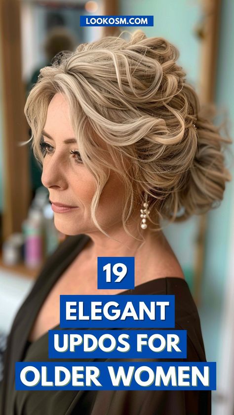 Elegant Updos for Every Age: 19 Stylish Choices for Older Women Formal Hair Styling, How To Do Hair Updos For Medium Hair, Wedding Hair Updo Medium Length, Mother Of The Bride Hair With Extensions, Elegant Updo For Wedding, Wedding Updo With Pins, Up Do Hairstyles Medium Length Hair, Hairstyles For Grandmother Of The Bride, Mom Of Groom Hair