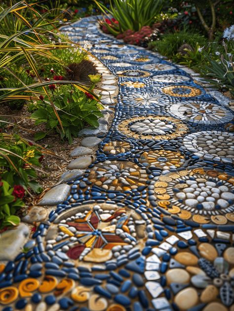 Boho Style Backyard: Pebble Mosaic Pathways Mosaic Outdoor Tiles, Boho Mosaic Ideas, Pebble Mosaic Walkway, Decorative Pathways, Garden Floor Ideas, Mosaic Sidewalk, Stone Garden Design, Boho Mosaic, Dry Stream