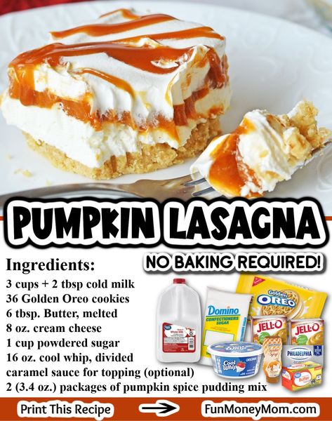 Fun Money Mom - NO BAKE PUMPKIN LASAGNA DESSERT Recipe... | Facebook Pumpkin Cheesecake Lasagna, Pumpkin Lasagna Dessert, Cheesecake Lasagna, Lasagna Dessert, Pumpkin Lasagna, No Bake Pumpkin, Bake Pumpkin, Lasagna Ingredients, Fun Money